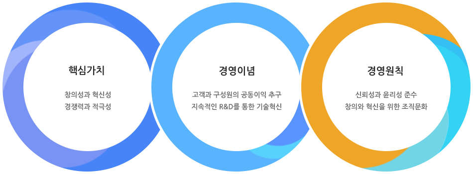 핵심가치 : 창의성과 혁신성, 경영이념 : 고객과 구성원의 공동이익 추구, 지속적인 R&D를 통한 기술혁신, 경영원칙 : 신뢰성과 윤리성 준수, 창조와 혁신을 위한 조직문화 